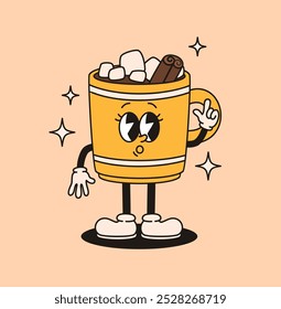 Groovy character cup with coffee. Flat vector illustration.