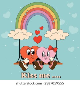 Groovy character cute hearts on a rainbow. Concept of love.Kiss me. Happy Valentine's Day. Valentine's Day. A cool character with a happy heart in a trendy retro style of the 70s.