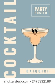 Daiquiri de carácter estupendo. Cartel retro de la fiesta de verano con bebida alcohólica popular. Folleto del bar cafetería o del salón de cócteles. Ilustración vectorial Antiguas estilo años 70, 80