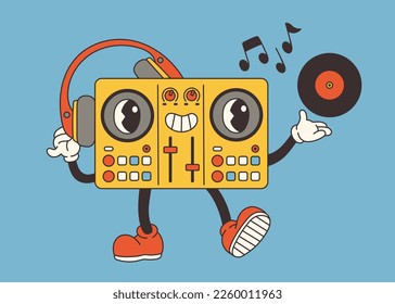 Groovy character DJ controller in old classic cartoon style. Retro Mascot Vintage Character Illustration