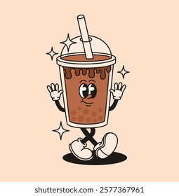 Groovy character drink bubble milk tea. Flat vector illustration.