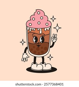 Groovy character drink bubble tea. Flat vector illustration.