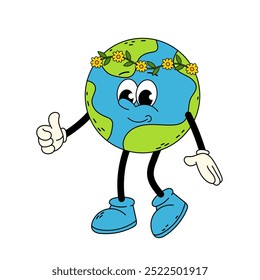 Groovy character of a earth planet. Smiling earth in flower wreath. Earth Day. Retro cartoon character on white background.