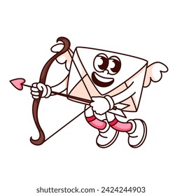 Groovy character envelope with wings, vector illustration. Cartoon cupid with bow and arrow, retro comic message sticker, funny paper envelope with big eyes and smile, cute mascot with arms and legs