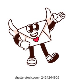 Groovy character envelope with wings, vector illustration. Cartoon cupid points with a gesture of hand, retro comic message sticker, funny paper envelope with big eyes and smile, cute mascot 