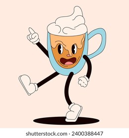 Groovy character in the form of a cup in gloves. Retro cartoon flat style. Vector illustration isolated on a peach background.