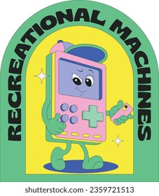 Groovy character in the form of video games. Gadgets for video games. Old games machine. Gamepads, vintage assets in retro style, latest vector images, set isolated