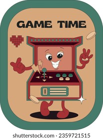 Groovy character in the form of video games. Gadgets for video games. Old games machine. Gamepads, vintage assets in retro style, latest vector images, set isolated