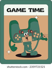 Groovy character in the form of video games. Gadgets for video games. Old games machine. Gamepads, vintage assets in retro style, latest vector images, set isolated
