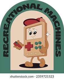 Groovy character in the form of video games. Gadgets for video games. Old games machine. Gamepads, vintage assets in retro style, latest vector images, set isolated