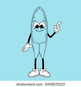 Groovy character. Funny cartoon retro character in doodle style. Doodle illustration surfboard character pointing a finger at something.