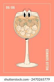 Groovy Charakter Limoncello Spritz. Retro-Poster Hallo Sommer mit beliebten alkoholischen Getränken. Café-Bar oder Cocktail-Lounge Flyer. Retro Vektorillustration 70er, 80er Jahre Stil
