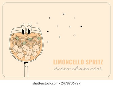 Groovy character limoncello spritz. Retro banner alcoholic beverage with inscription. Retro vector illustration 70s, 80s style