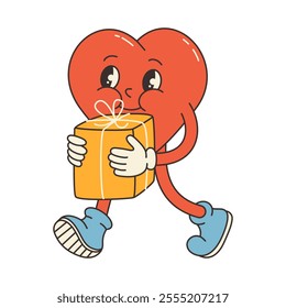 Groovy character lovely heart. Aesthetics 60s 70s. Trendy retro groovy Valentines day vector illustration. 
