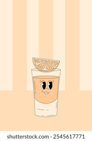 Caractere groovy tequila mexicana com emoção. Cartaz de verão retrô com coquetel alcoólico popular e espaço vazio. Ilustração vetor vintage estilo 70s, 80s