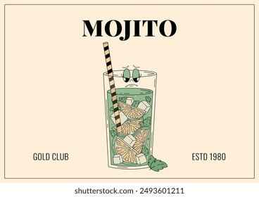 Groovy character mojito. Retro banner and label with popular alcoholic beverage. Cafe bar or cocktail lounge logo and sign. Summer retro  vector illustration 70s, 80s style
