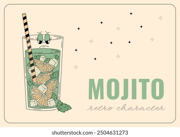Groovy character mojito. Retro banner and label with popular alcoholic beverage. Cafe bar or cocktail lounge logo and sign. Summer retro vector illustration 70s, 80s style