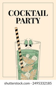Groovy character mojito. Retro summer poster Cocktail party with popular alcoholic beverage. Vintage vector illustration 70s, 80s style