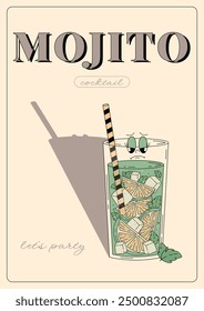 Groovy character mojito. Retro summer poster with popular alcoholic cocktail. Vintage vector illustration in 70s, 80s style