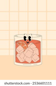 Groovy character negroni with emotion. Retro summer poster with popular alcoholic cocktail and empty space. Vintage vector illustration 70s, 80s style