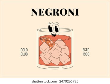 Groovy character negroni. Retro banner and label with popular alcoholic beverage. Cafe bar or cocktail lounge logo and sign. Retro vector illustration 70s, 80s style