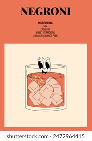 Groovy character negroni. Retro poster with popular alcoholic cocktail and its ingredients. Vintage vector illustration in 70s, 80s style