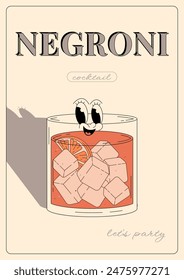 Groovy character negroni. Retro summer poster with popular alcoholic cocktail. Vintage vector illustration in 70s, 80s style