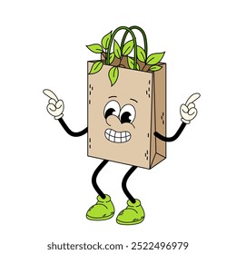 Caractere groovy de um saco de papel. Um saco feito de materiais recicláveis. Embalagem ecológica. Personagem de desenho animado sobre fundo branco.