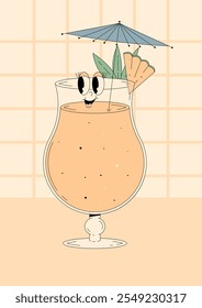 Groovy character pina colada with emotion. Retro summer poster with popular alcoholic cocktail and empty space. Vintage vector illustration 70s, 80s style