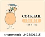 Groovy character pina colada. Retro banner and label with popular alcoholic beverage. Cafe bar or cocktail lounge logo and sign card. Summer vintage vector illustration
