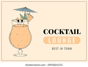 Groovy character pina colada. Retro banner and label with popular alcoholic beverage. Cafe bar or cocktail lounge logo and sign card. Summer vintage vector illustration
