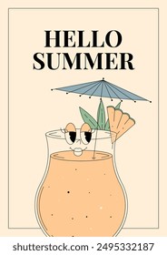 Groovy character pina colada. Retro poster Hello summer with popular alcoholic beverage. Vintage vector illustration 70s, 80s style