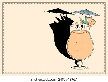 Groovy character pina colada. Retro banner alcoholic beverage with empty space. Retro vector illustration 70s, 80s style