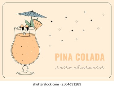 Groovy character pina colada. Retro banner and label with popular alcoholic beverage. Cafe bar or cocktail lounge logo and sign card. Summer vintage vector illustration