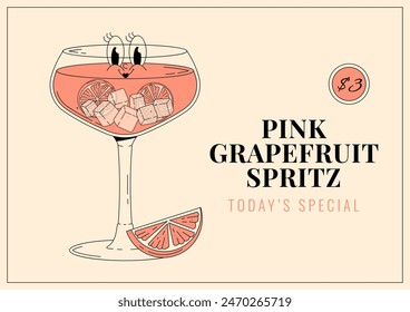 Groovy character pink grapefruit spritz. Retro banner and label with popular alcoholic beverage. Cafe bar or cocktail lounge logo and sign. Retro vector illustration 70s, 80s style