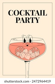 Groovy character pink grapefruit spritz. Retro poster Cocktail party with popular alcoholic beverage. Vintage vector illustration 70s, 80s style