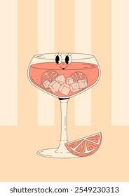 Groovy character pink grapefruit spritz with emotion. Retro summer poster with popular alcoholic cocktail and empty space. Vintage vector illustration