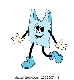 Caractere groovy de um saco plástico. Sem plástico. Material nocivo para o ambiente. Lixo. Personagem de desenho animado sobre fundo branco.