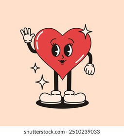 Caráter Groovy coração vermelho. Ilustração de vetor plano.