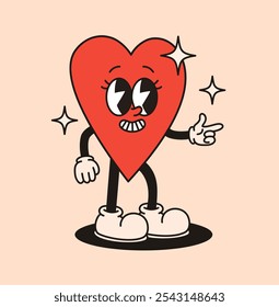 Groovy character red heart. Flat vector illustration.