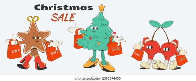 Groovy character set for Christmas sales design with cartoon style red bags:funny Christmas tree, cookies,cute cherries, isolated on a white background.Vector illustration in retro comic style 50s-60s