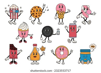 Groovy character set with sweets. Cute retro mascot. Cartoon isolated vector illustration.