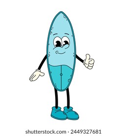Groovy character shows class. Thumbs up, like. Funny cartoon retro character in flat style. Doodle vector illustration surfboard character.