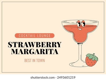 Groovy character strawberry margarita. Retro banner and label with popular alcoholic beverage. Cafe bar or cocktail lounge logo and sign. Summer vintage vector illustration