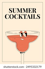 Groovy character strawberry margarita. Retro poster Summer cocktails with popular alcoholic beverage. Vintage vector illustration 70s, 80s style