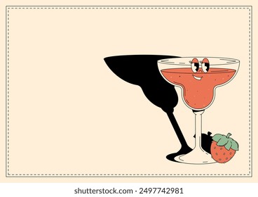 Groovy character strawberry margarita. Retro banner alcoholic beverage with empty space. Retro vector illustration 70s, 80s style