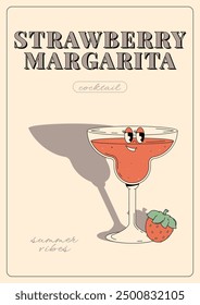 Groovy character strawberry margarita. Retro summer poster with popular alcoholic cocktail. Vintage vector illustration in 70s, 80s style
