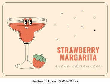 Groovy character strawberry margarita. Retro banner and label with popular alcoholic beverage. Cafe bar or cocktail lounge logo and sign. Summer vintage vector illustration