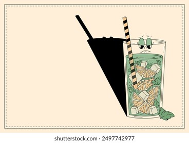 Groovy character strawberry mojito. Retro banner alcoholic beverage with empty space. Retro vector illustration 70s, 80s style