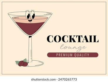Groovy character Tini espresso martini. Retro banner and label with popular alcoholic beverage. Cafe bar or cocktail lounge logo and sign. Retro vector illustration 70s, 80s style